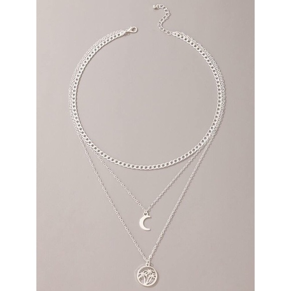 Moon & Palm Trees Charm Layered Necklace Silver - Picture 3 of 5